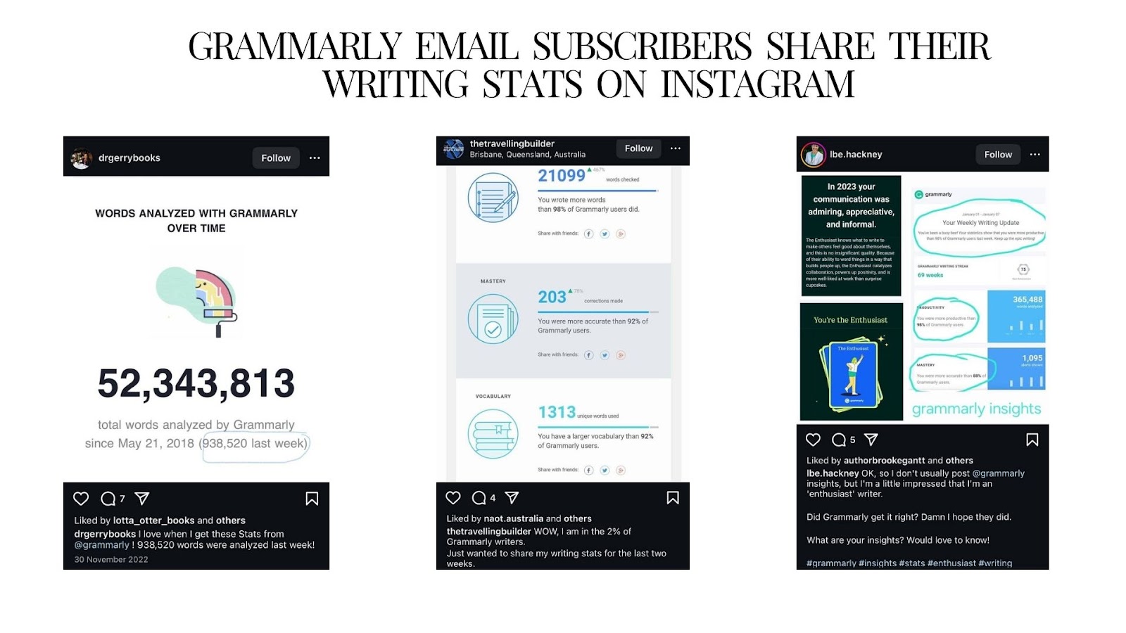 Grammarly's email subscribers posts about their writing stats on Instagram